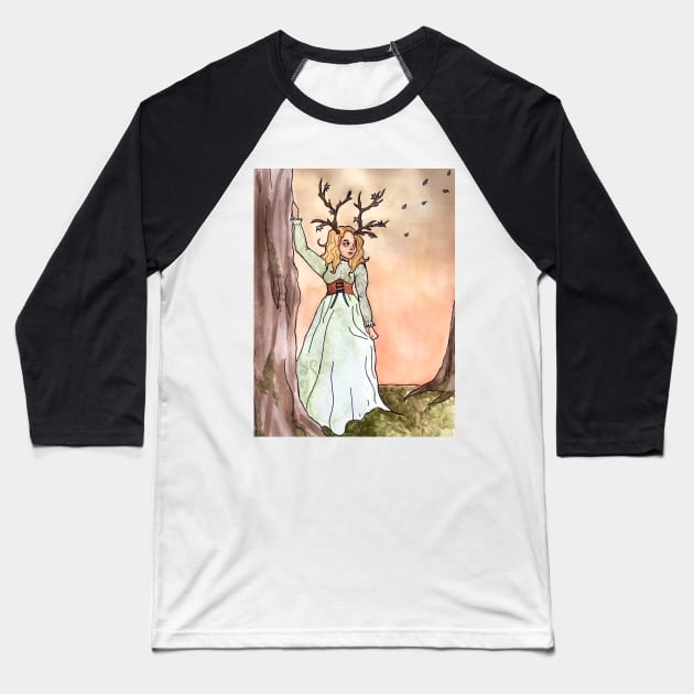 Cottagecore Deer Girl: Mossy Forest at Sunset Baseball T-Shirt by TheDoodlemancer